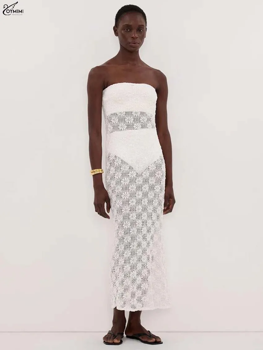 

Повседневный комплект Oymimi из белого кружева из 2 предметов для женщин: элегантные прямые платья без бретелек длиной в пол и простые топы с шортами