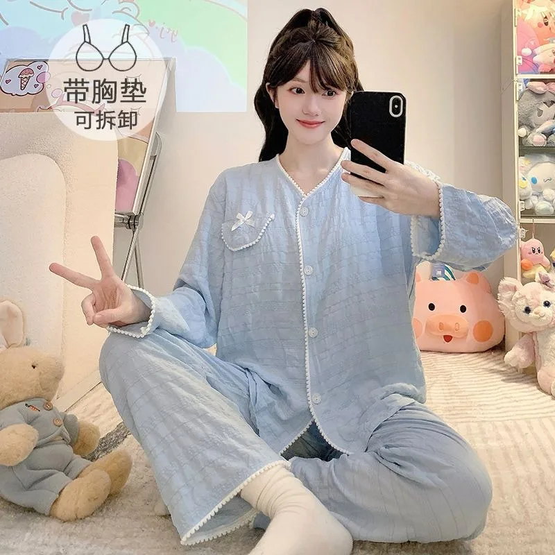 

Plus Size Cloud Cotton Pajamas Set Women Korean Solid Sweet Spring Sleepwear Bra Free Cardigan Trousers 2 Piece Set Loungewear