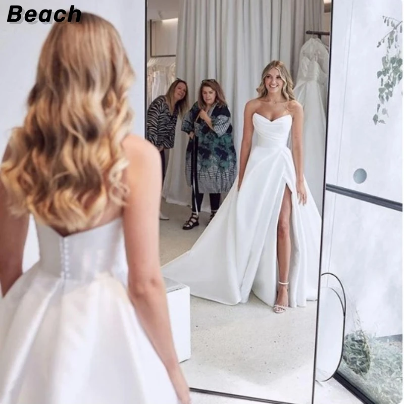 

Beach Satin Strapless A-line Sweetheart Train Women Wedding Dress Princess Backless Short Bridal Gown Robe De Soirée