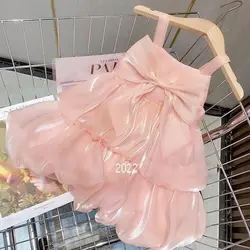 Girls Dress Summer Pink Dress Bow Cute 2024 New Fashion Princess Dress Trend Girls Sweet Colorful Bow Clothes