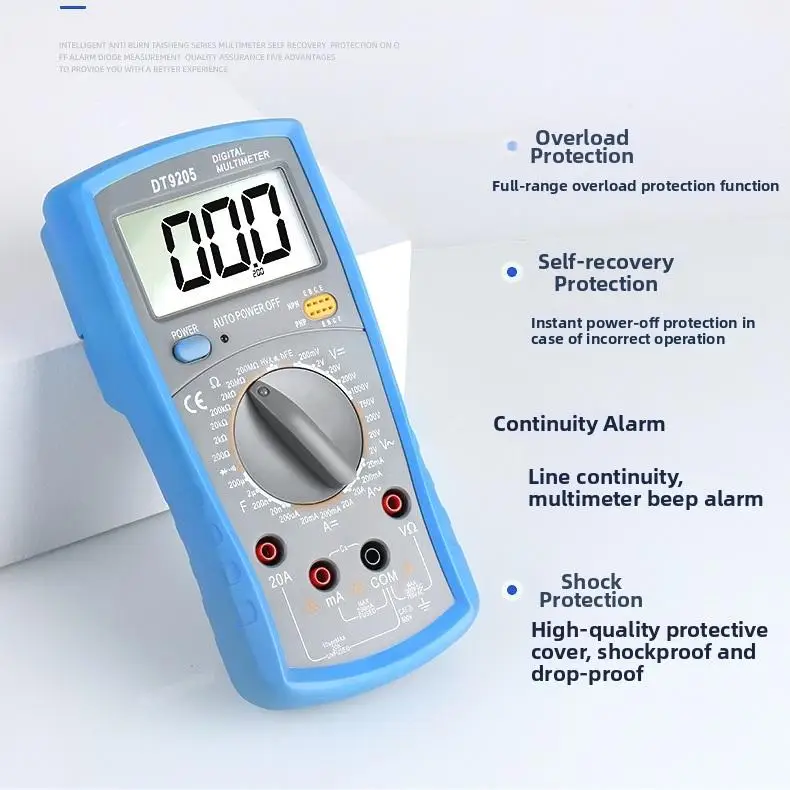 DT9205 Digital Multimeter High Accuracy Auto Range Capacitance Resistance Voltage Current Tester With Anti Burn Protection For E