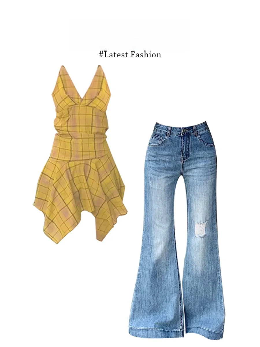 

Parkyeon Spicy Girl Style off Shoulder Plaid Dress with Micro Flare Jeans Set Irregular Design Short Sleeve round Neck Spring...