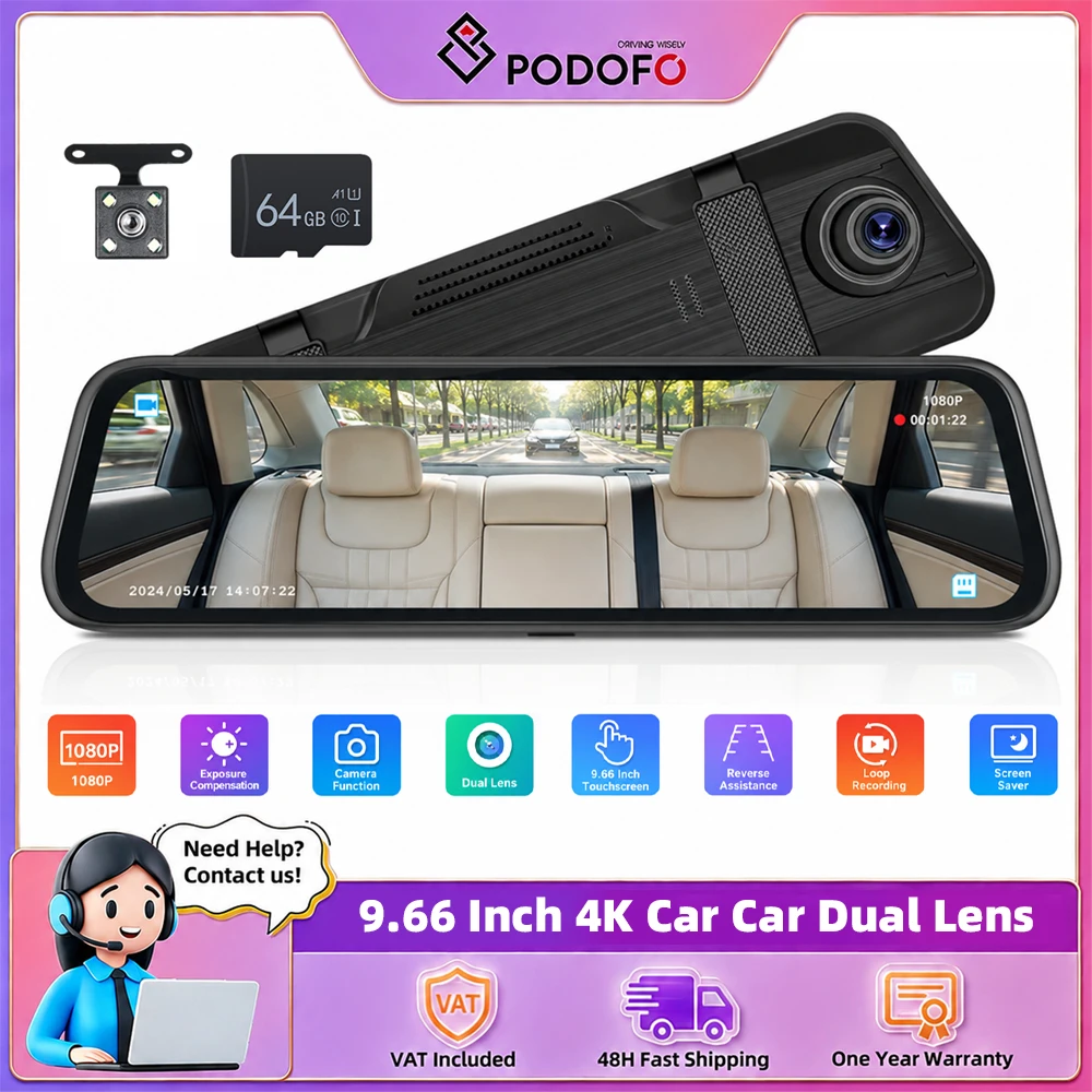Podofo 9,66" Dashcam DVR 1080P Auto-Parkkamera Rückfahrkamera Fahrtenschreiber Videoaufzeichnung Auto-Blackbox HD Touchscreen Dual-Objektiv Dashcam mit 480P Rückfahrkamera