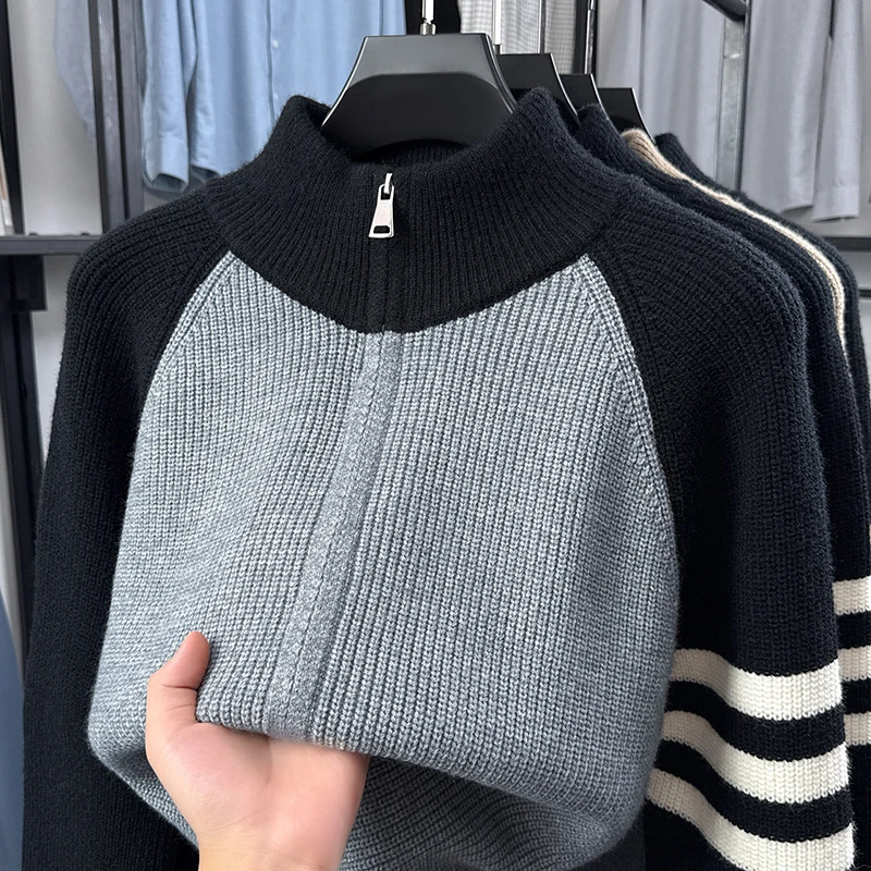 Hochwertige Herren-Strickjacke, Modemarke, gestreift, mit Reißverschluss, Stehkragen, Herbst/Winter, neuer, personalisierter, lässiger Pullover-Mantel – Detail 20