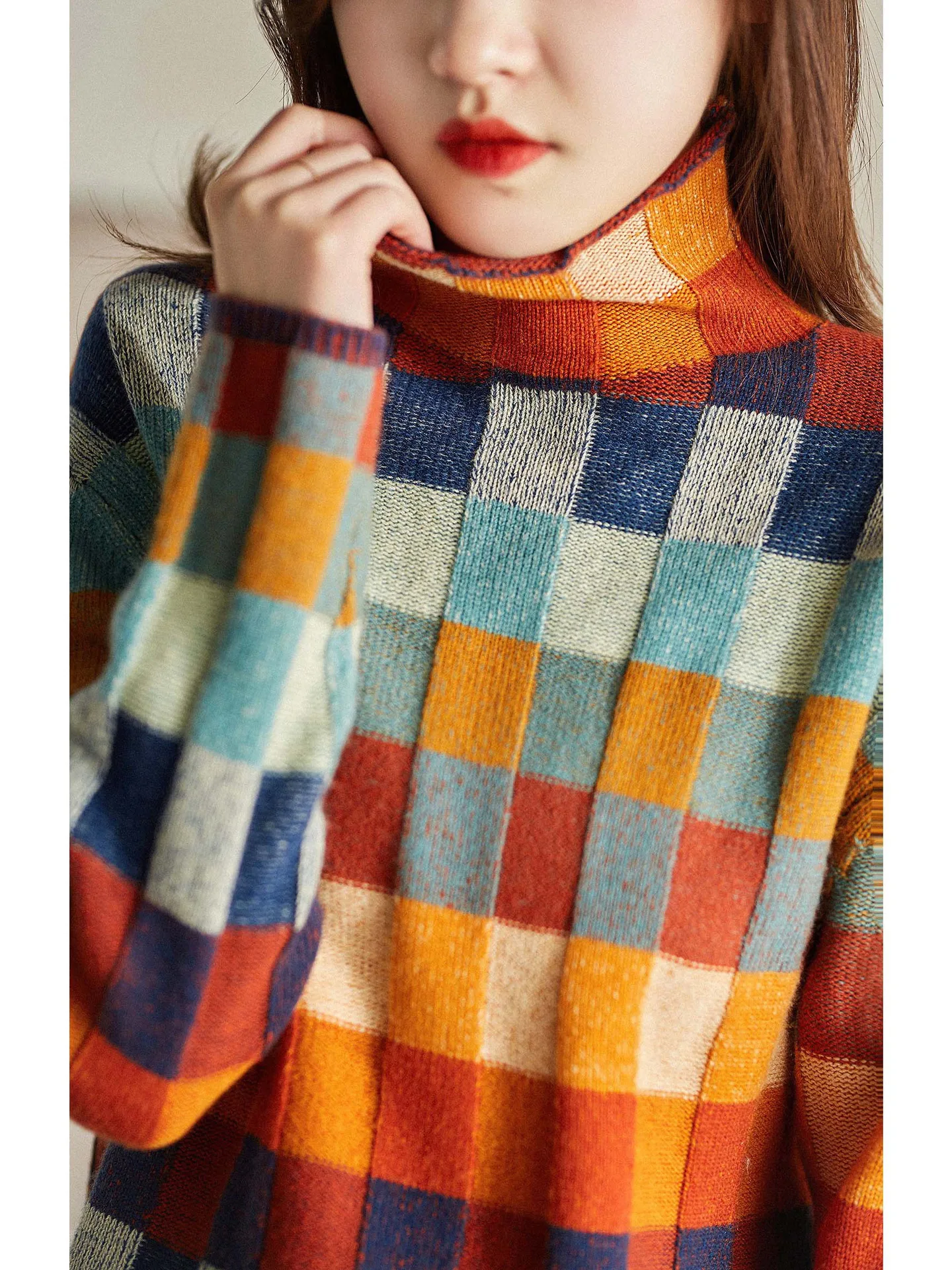 Neploe Gorgeous Colorful Checkerboard Checkered Knitted Sweater 2024 Autumn Winter High Neck Lazy Style Slim Outer Wear Pullover