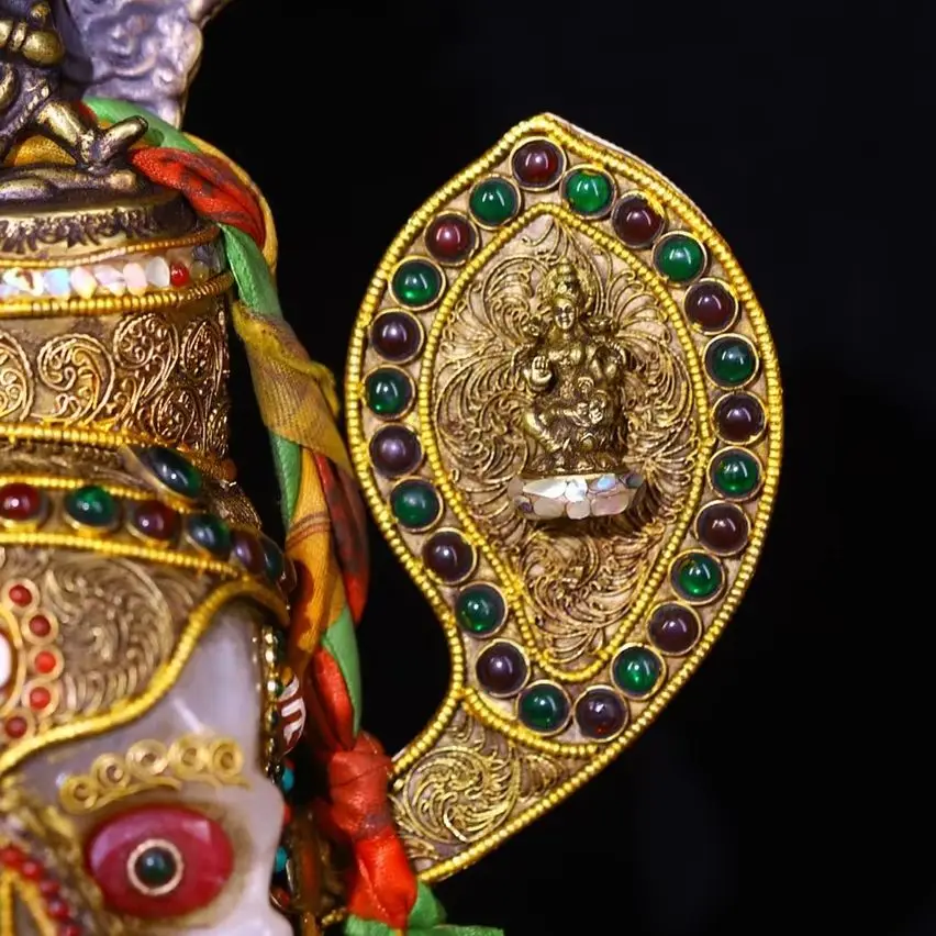 

17" Tibetan Temple Collection Old Natural Crystal Mosaic Gem gZi Beads Tibetan Silver Crown Vajrapani Skull Head Worship Hall