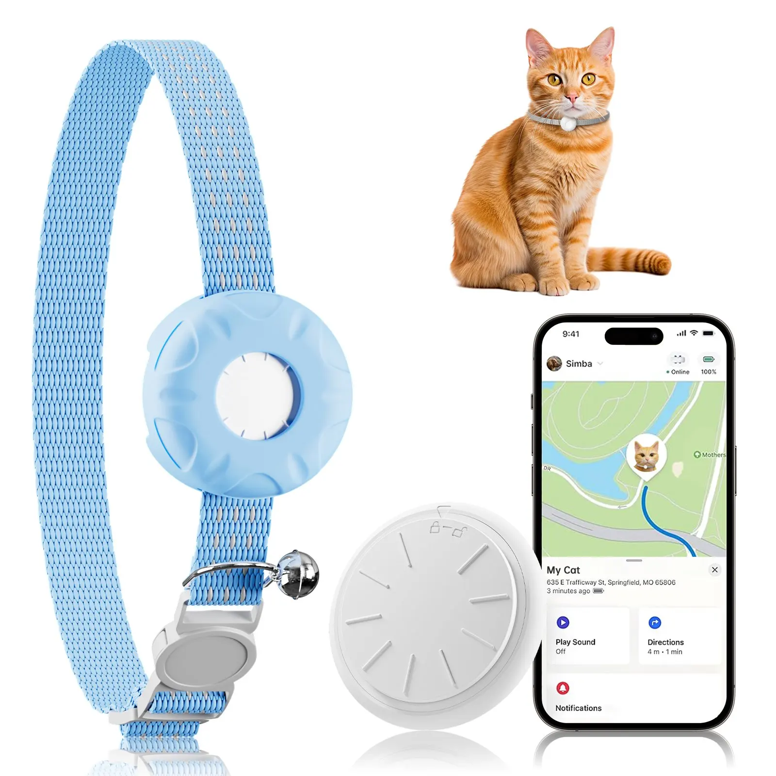 

Cat chain tracker, pet cat real-time positioning GPS anti loss device, blue safety elastic buckle waterproof tracker (IOS only)