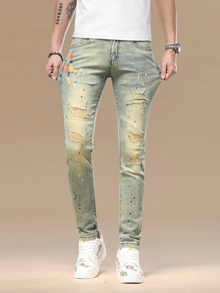 جينز ريترو عالي الجودة للرجال مقاس تسعة بوصات بقصة ضيقة وأقدام صغيرة حبر مرن 2025 ربيع/صيف سراويل عصرية مرنة جديدة