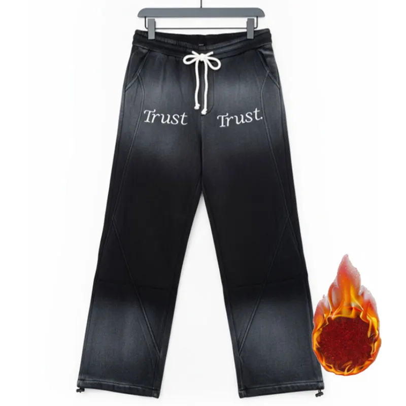 

Loose Straight Leg Men's Jeans Fleece-lined American High Street Pants Hip Hop Long Trousers Gradient Color Casual Sportswear