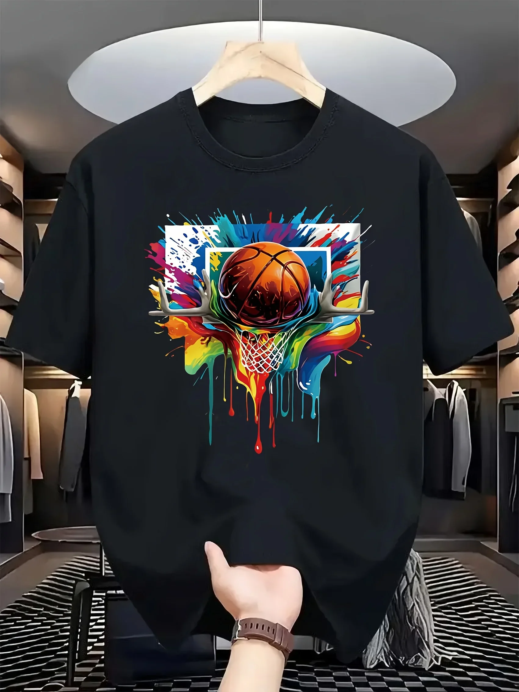 LatestSpring/Summer 100% CottonT-shirt with Basketball Pattern Short-Sleeved Top.Ideal for basketball enthusiasts for daily wear