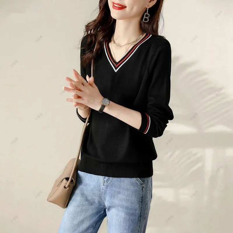 Women Clothing 2024 New Long Sleeve V-neck Knit Pullovers Spring Autumn Fashion Versatile Thin Black Sweaters Chic Loose Tops