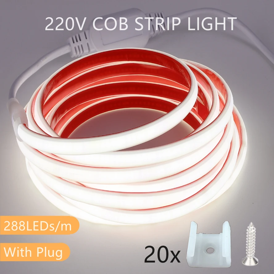 5m 220V COB LED Strip Light Waterproof Adhesive Tape with EU Plug Flex Silicone Tube Lamp for Home Outdoor Garden Lighting IP68