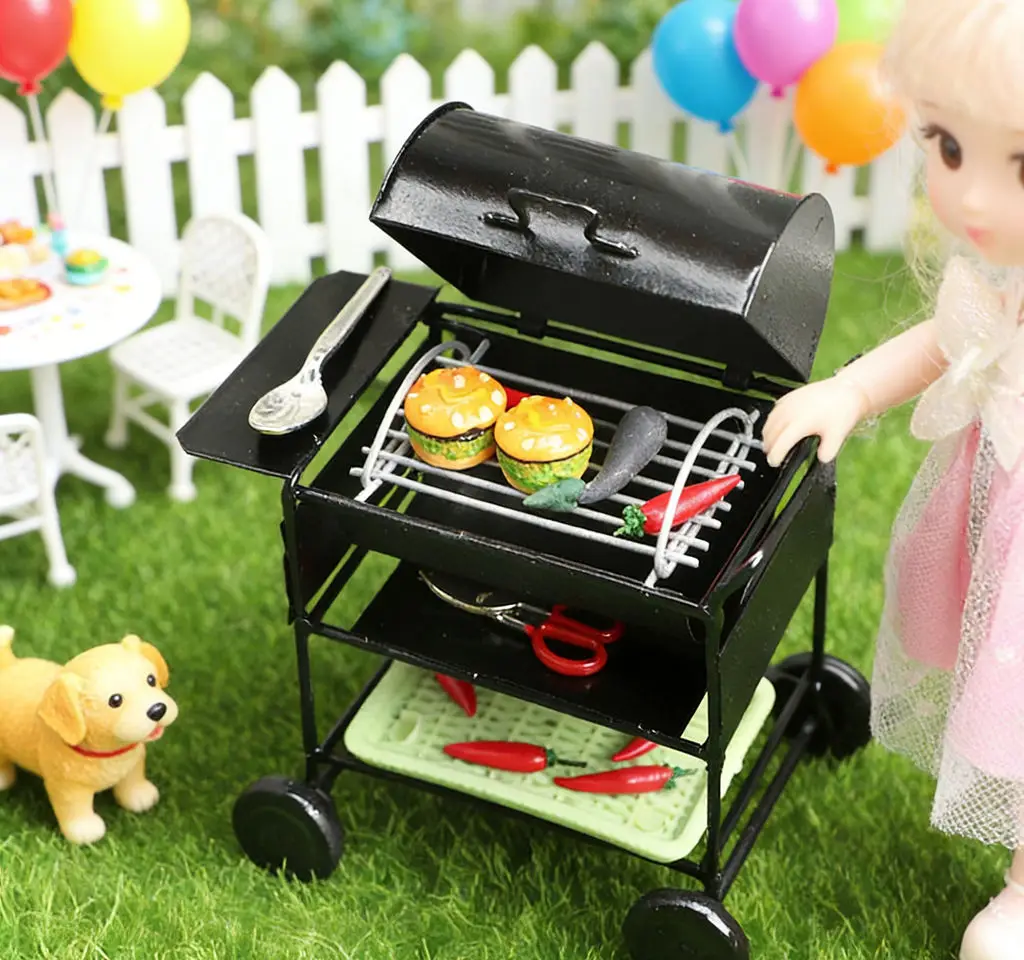 1:12 poppenhuis miniatuur meubilair - simulatie keukengerei buitengrill vierkant BBQ-rek, kinderen fantasiespel speelgoedwagen