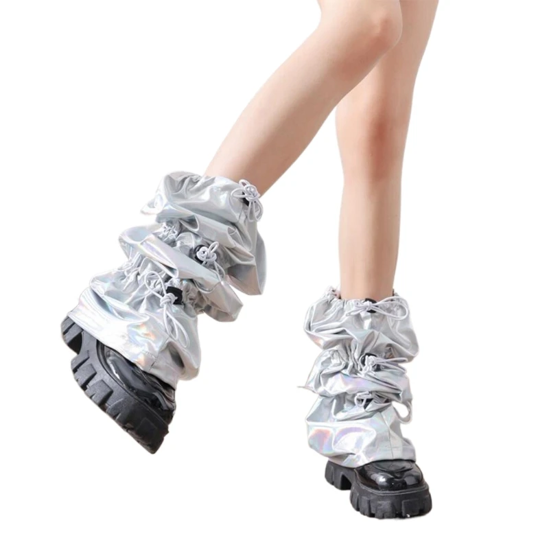 Frauen Harajuku Punk Holographische Bein Wärmer Kordelzug Knie Länge Bein Abdeckung Socke – Detail 3