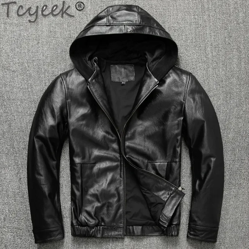 Men's Tcyeek Genuine Jacket Spring Autumn Clothing Real Cowhide Leather Jackets Man Hooded Short Coats Veste Homme LM504