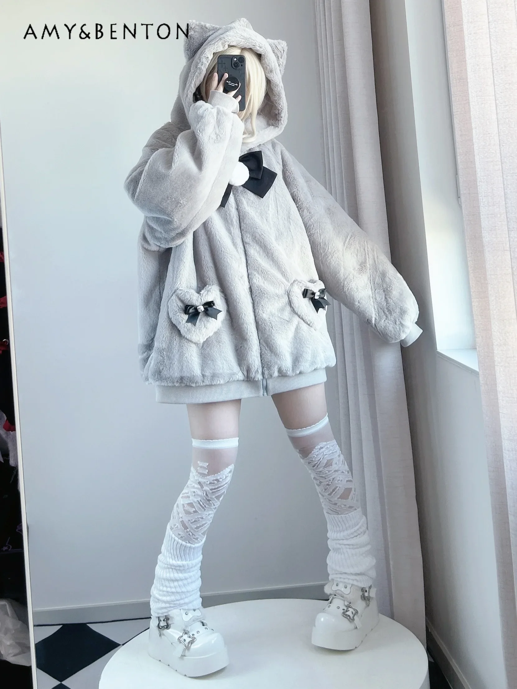 Kawaii Cute Cat Ear Hooded Zipper Plush Jacket Japanese Mass-produced Mine Slim Winter Clothes Women Sweet Bow Oversized Jackets