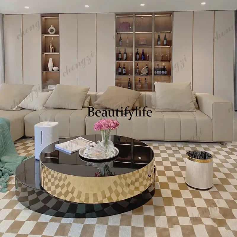 Light luxury rotatable folding coffee table, mirror champagne golden living room drawer tea table