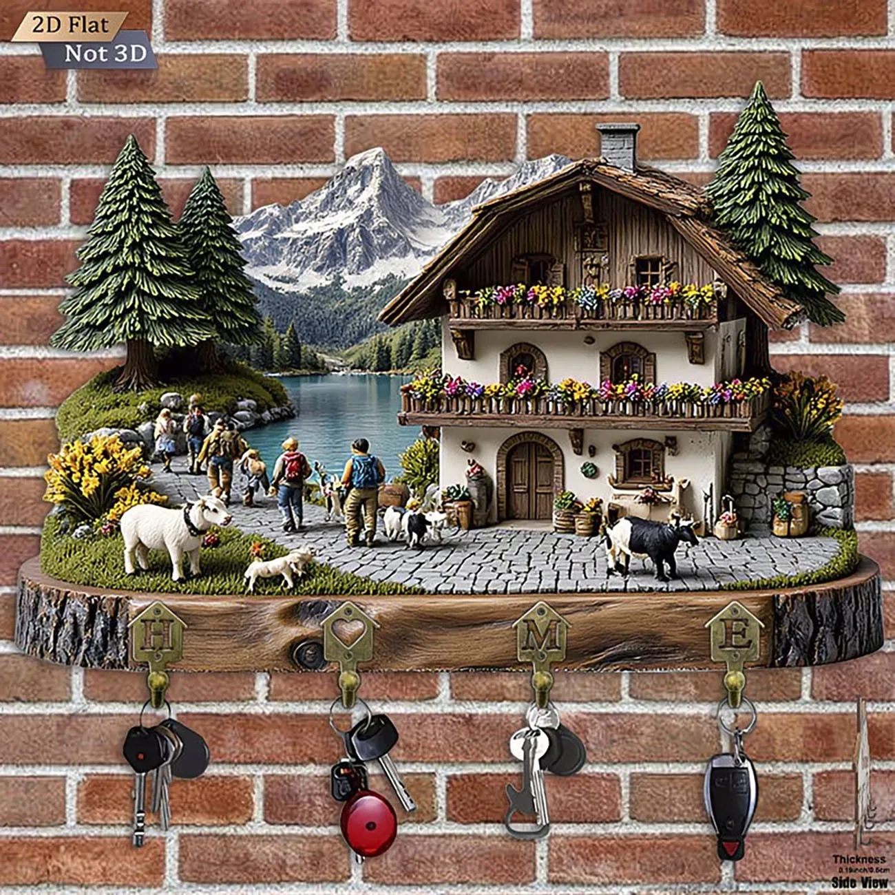 Alpine Chalet Key Holder, 2D Flat Print Wall Mounted Key Rack with 4 Hooks, Mountain Home Decor