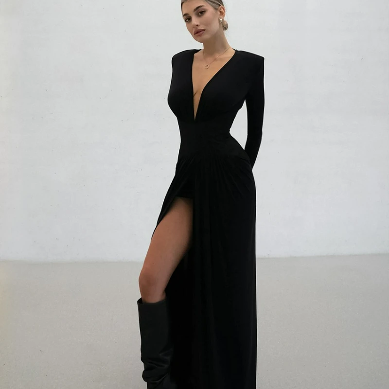 

Осеннее модное элегантное платье макси 2026 года с длинными рукавами, однотонное, с глубоким V-образным вырезом, облегающее, для женщин