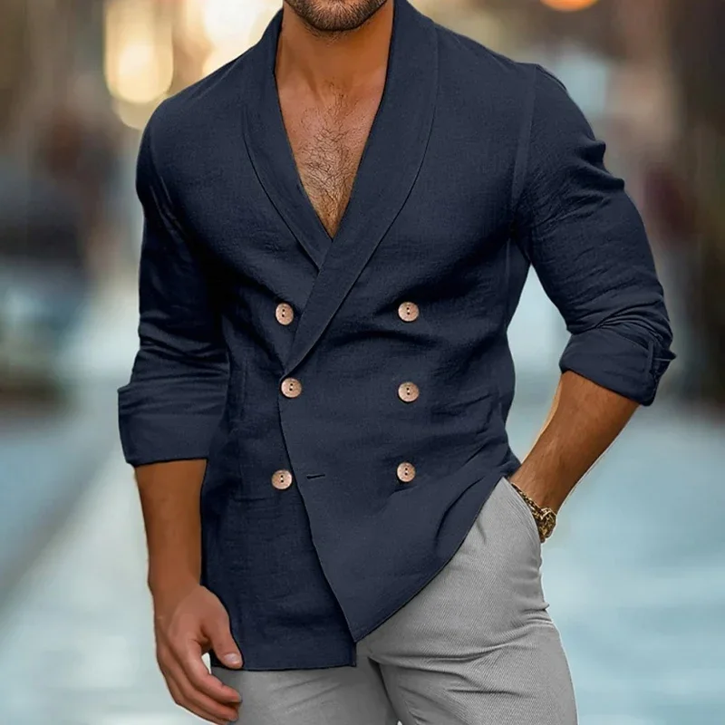 

Fashion Men V-neck Slim Double Breasted Outwear 2024 Male Solid Turn Down Collar Jackets Fall Winter Long Sleeve Business Coats