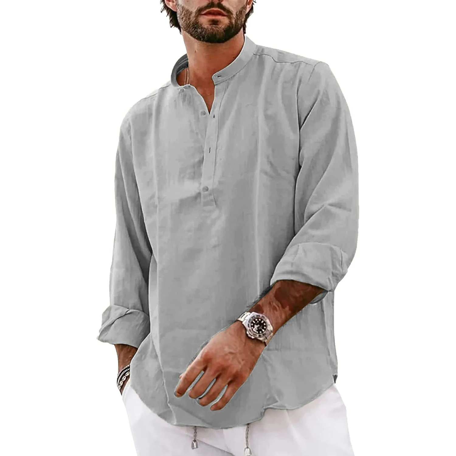 New Mens Long Sleeve Cotton T-Shirts Lightweight Streetwear Henley Linen Shirts for Men Breathable Oversized Solid Color Tops