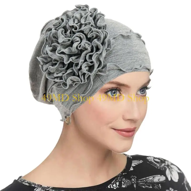 49MD Comforting Weave Chemotherapy Hat Thin Polyester Hat With Decorative Flower For Ladies