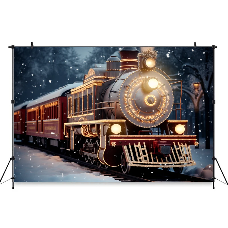 Merry Christmas Train Backdrop Photography Winter Snow New Year Props Girls Kids Children Photo Background Decor Outdoor Studio