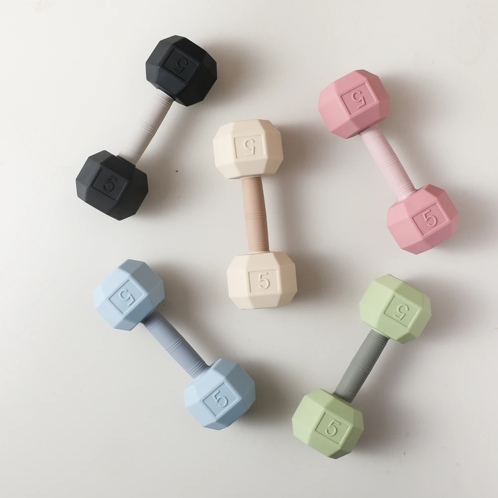 Silicone Dumbbell Teether Baby Toys–Infant Sensory Toy 0-12 Months, Rattle Sound, Easy Clean, Color & Shape Learning Baby Gifts