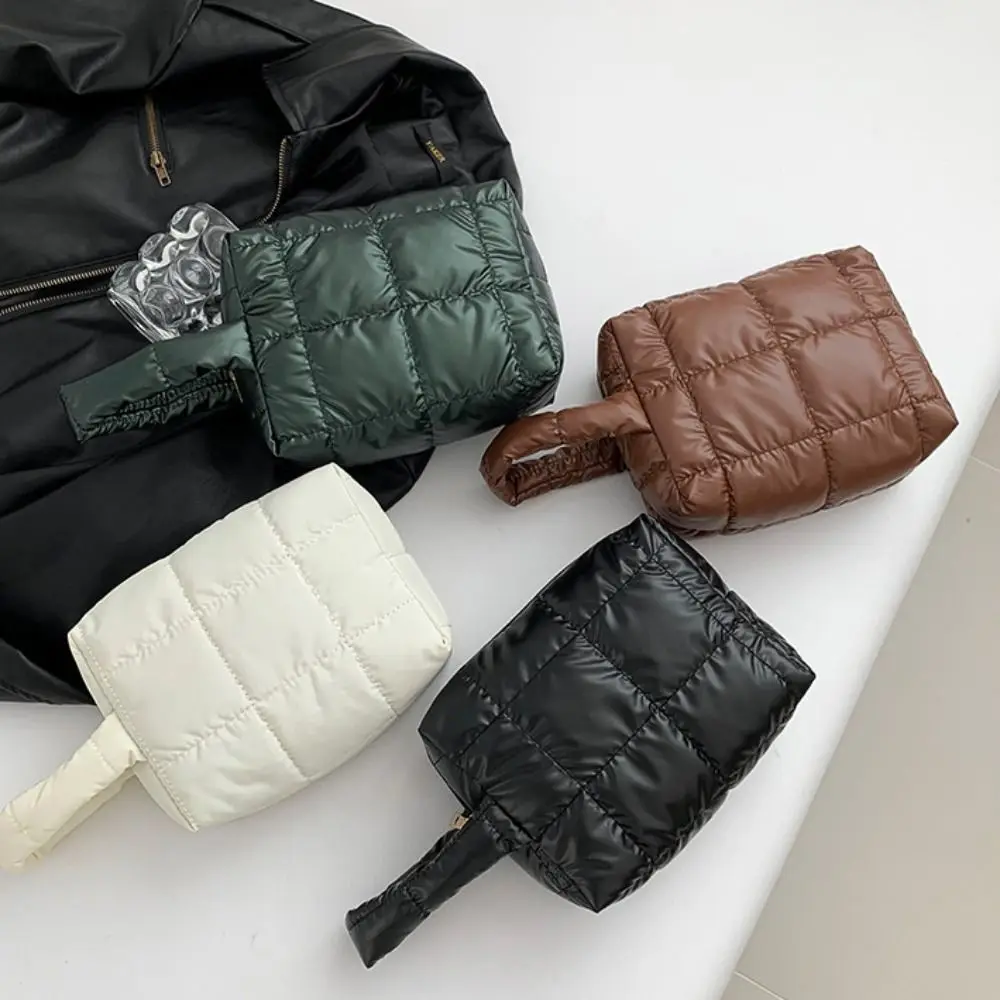 Fashion Solid Color Puffer Handbag PU Leather Quilted Padded Makeup Bag Korean Style Large Capacity Plaid Clutch Bag Daily