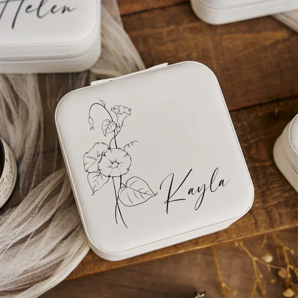 Fashion Customized Name Logo Jewelry Case Personalized Jewelry Box with Birth Flower Valentine's Day Gift Personalized Gift