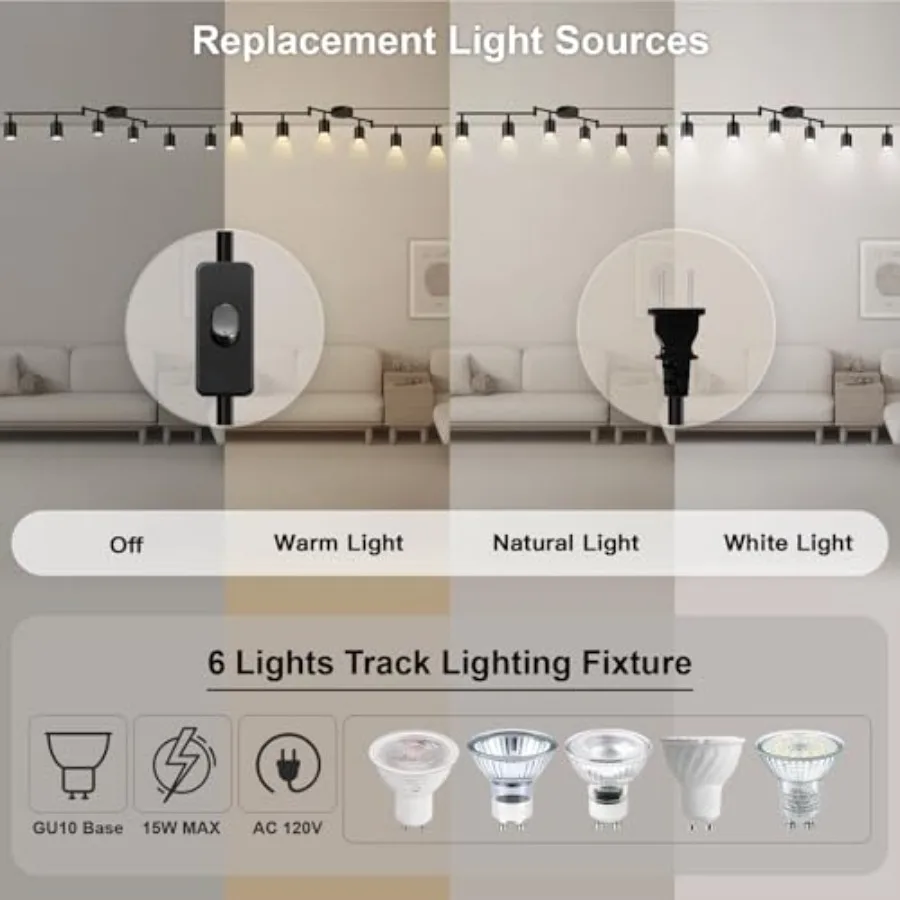 Plug in Track Lighting, LED Track Lighting Fixtures Ceiling, Black 6-Light Kitchen Light Kit, Plug in Wall Light with 14.8ft Po view 4