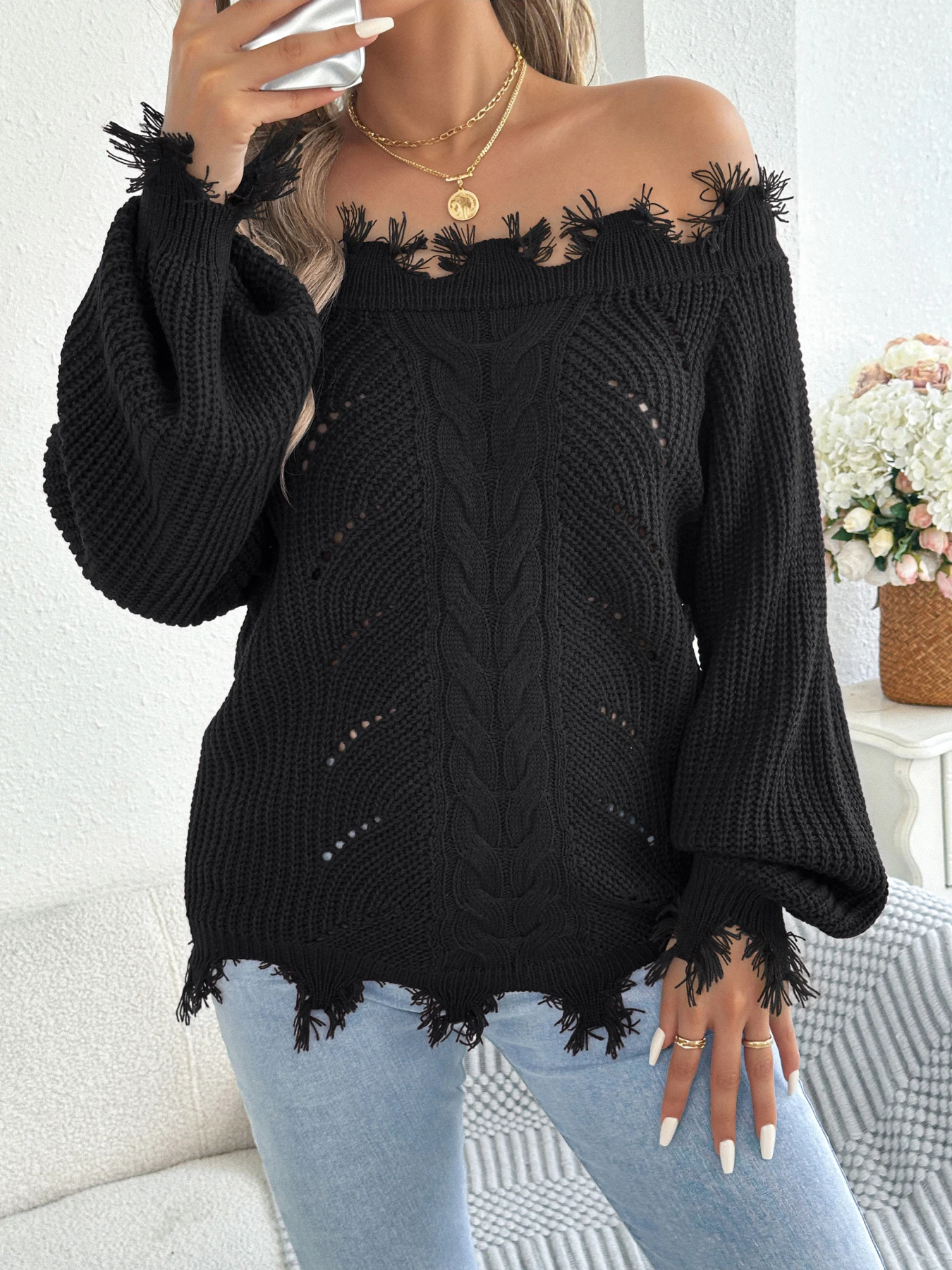 

Solid Color Off Shoulder Knitted Pullover Hollow Out Long Sleeve Tops Elegant Slash Neck Tassel Sweaters 2025 Autumn Winter