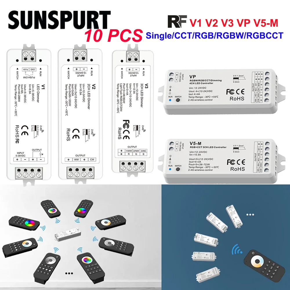 

1-10 шт. V1 V2 V3 VP V5-M светодиодный диммер для одноцветных полосовых светильников ШИМ беспроводной RF2.4G пульт дистанционного управления CCT RGB RGBW с затемнением лампы