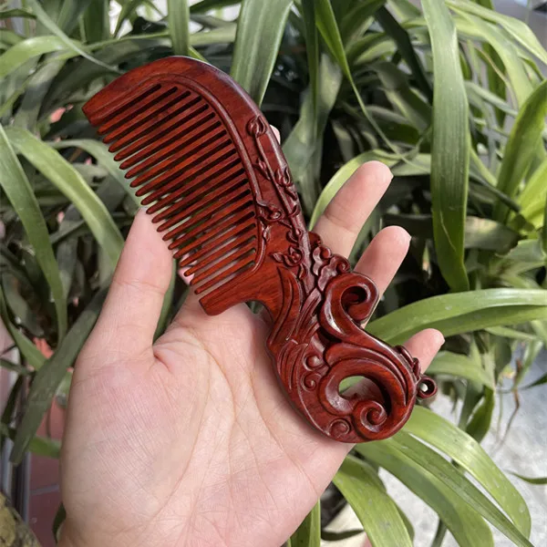 Hanfu headwear Natural Rhinoceros Horn Small Leaf Red Sandalwood Carved Wood Comb Retro Style Massage Comb Gifts with comb V1