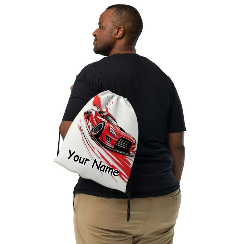1Pc Custom Name Text Red Racing Car Pattern Drawstring Backpack, Portable Drawstring Bag, Suitable for Gym, Travel, Sports