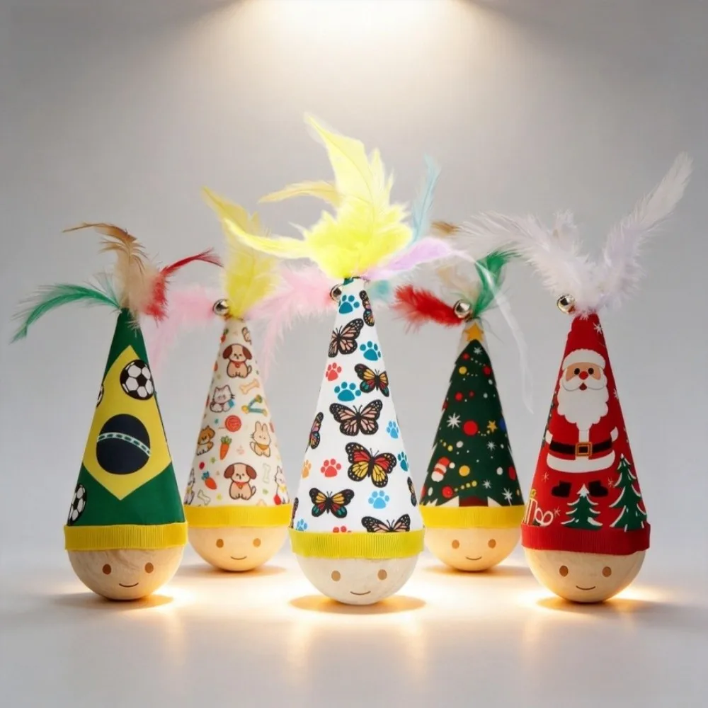 Colorful Feather Cat Tumbler Self-Righting Dynamic Shaking Feather Bell Cat Teaser Cartoon Pattern Wooden Base