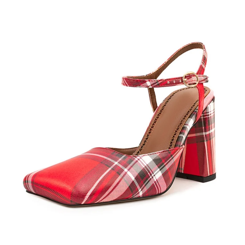 

Клетчатые босоножки на высоком каблуке с квадратным носком, разноцветные женские туфли на одинарной платформе, летние элегантные женские туфли-лодочки большого размера на мелкой подошве