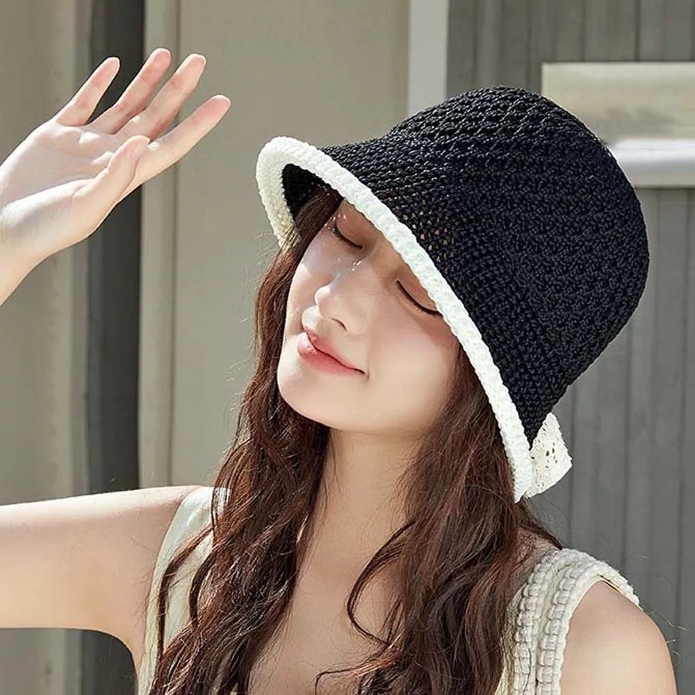 

Fashion Temperament Knitted Bucket Hat Hollow Out Breathable Bow Fisherman Hat Solid Color French Style Sunshade Basin Cap Daily