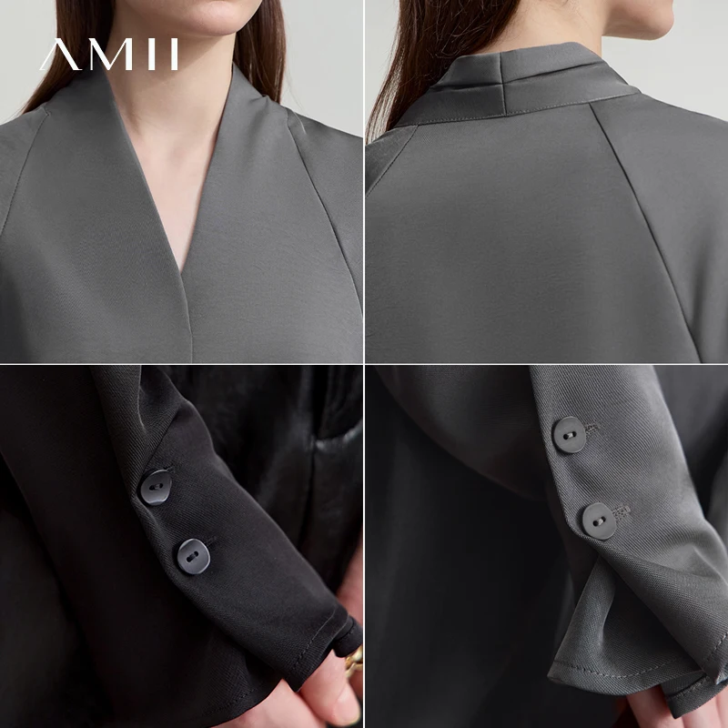 AMII 우아한 여성 블라우스 루즈 심플 V넥 여성 상의 블라우스 2025 가을 긴팔 셔츠 여성 의류 12543067