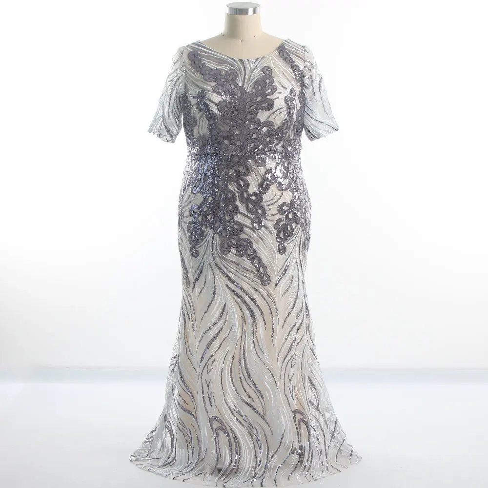 Robe de soirée en paillettes violettes, col rond, demi-manches, sirène, longueur au sol, fermeture éclair au dos, grande taille, robe formelle pour femmes, K163, 2022