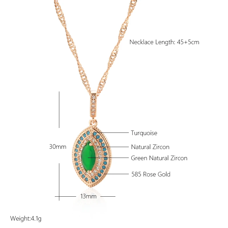 Kinel Hot 585 Rose Gold Color Long Pendant Necklace Women Fashion Green With Blue Natural Zircon Wedding Daily Vintage Jewelry