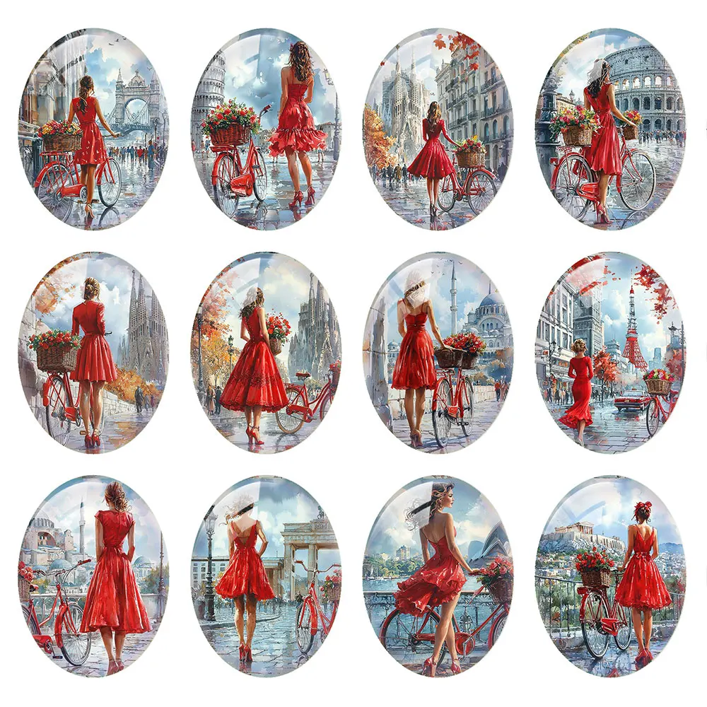 Random Mixed Round/Oval/Square World Landmark Red Dress Bicycle Lady Photo Glass Cabochon Flatback Demo Cameo Diy Jewelry Making