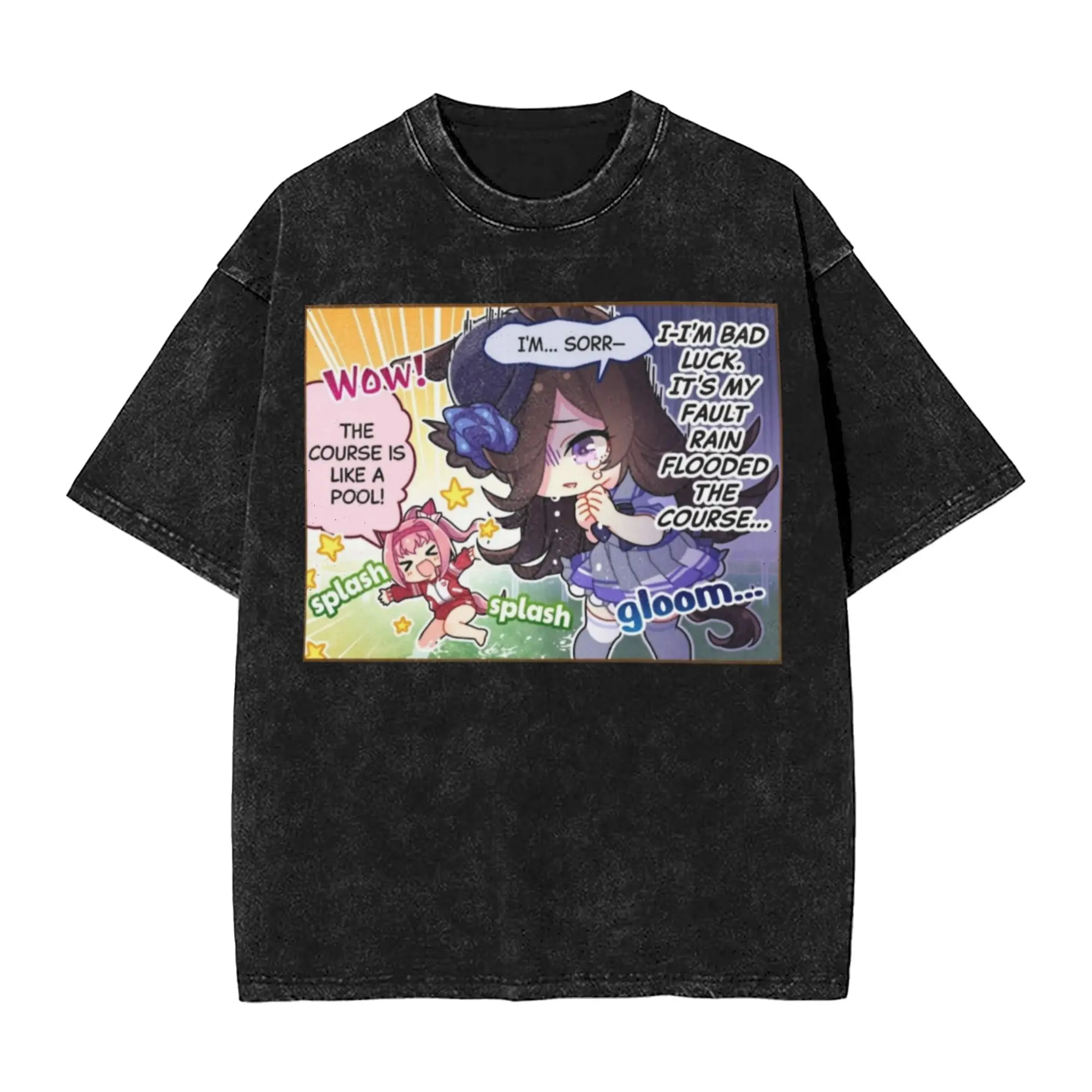 Rice Shower's Snapshot Bad Luck Blues Umamusume Washed T Shirt Streetwear Hip Hop T-Shirts Tee Shirt Men High Street Summer