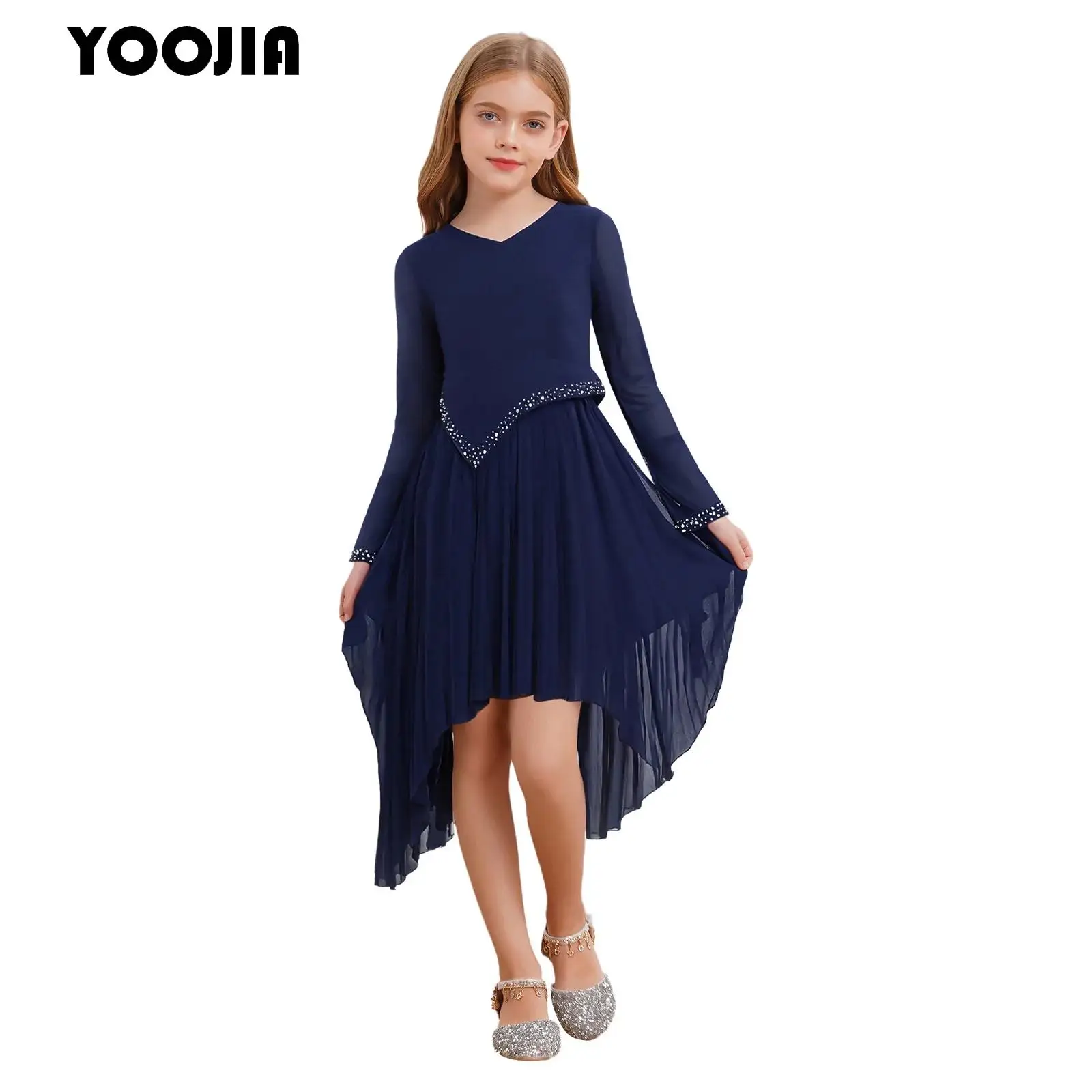 

Kids Flower Girls Chiffon Party Dress Long Sleeve Irregular Pleated Elegant Princess Dress for Junior Bridesmaid Formal Wedding