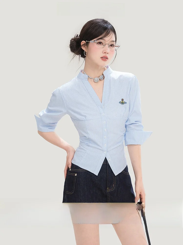 

Loveheynew Blue Striped Embroidery Label Long Sleeve Women's Shirt Summer New Style Elegance V-neck Top Korean Version Slim F...