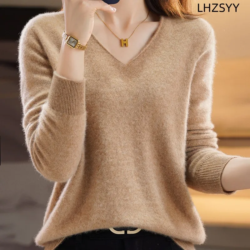 LHZSYY First line/Ready-to-wear 100%Pure Wool Knit Sweater Women\'s V-Neck Pullover Loose Shirt 2023Autumn New Female Jacket Top