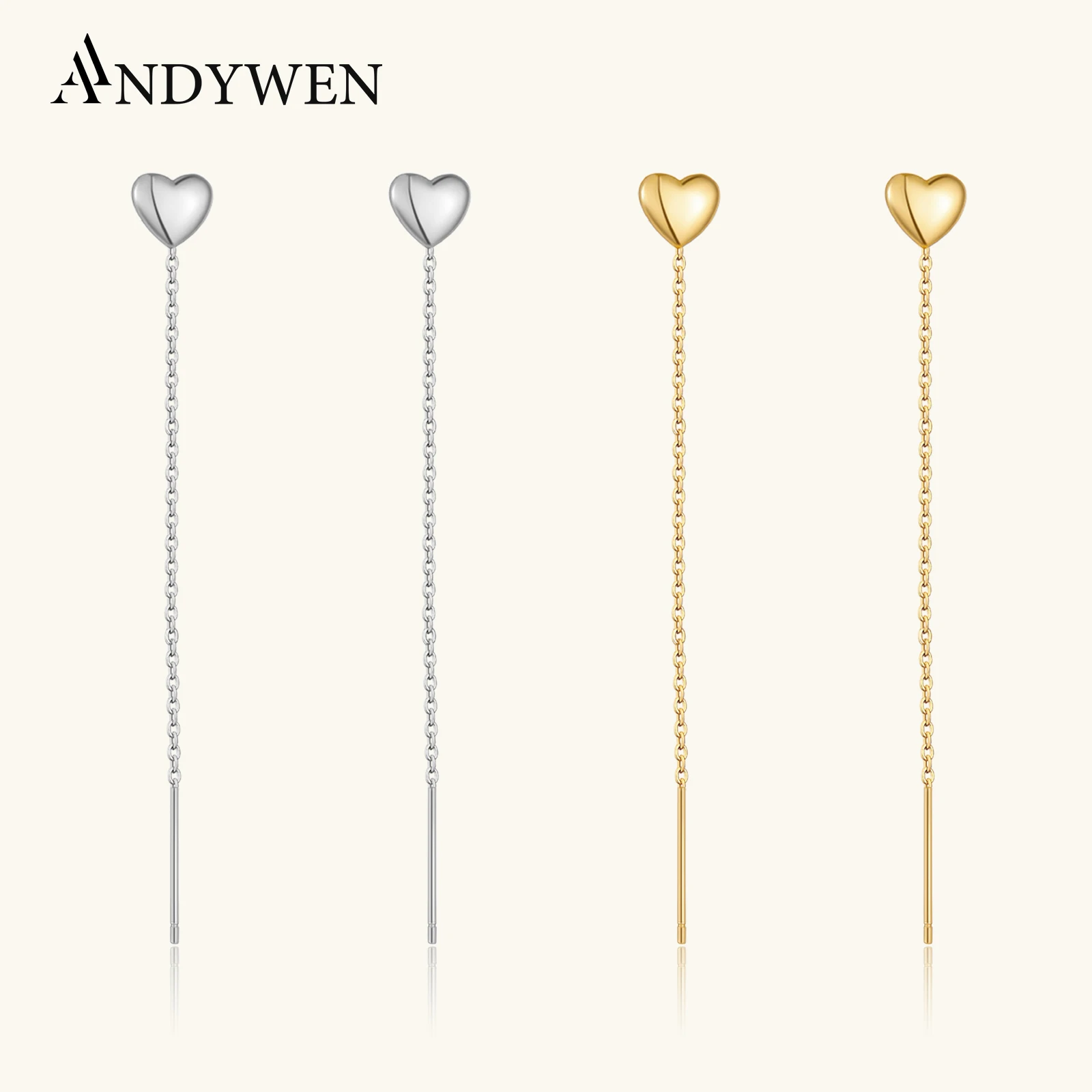 ANDYWEN 925 Sterling Silver Heart Long Chain Drop Earrings Threads Women 2026 Fashion Dainty Daily Wedding Jewelry Gift