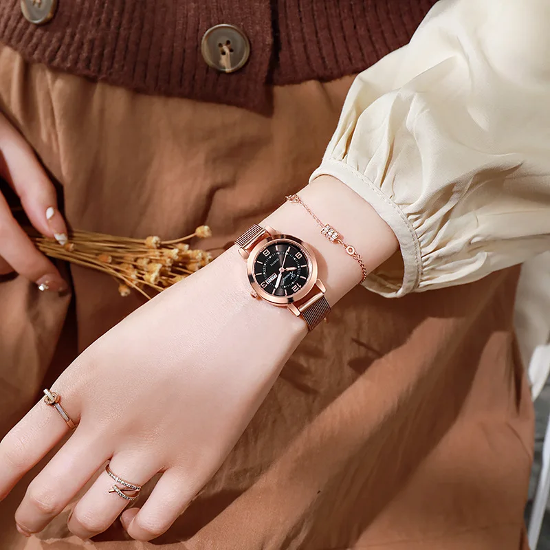 Korean Style Women's Quartz Watch Simple Design Luminous Double Calendar Ladies Wristwatch for Daily Wear Office Use Fashionable
