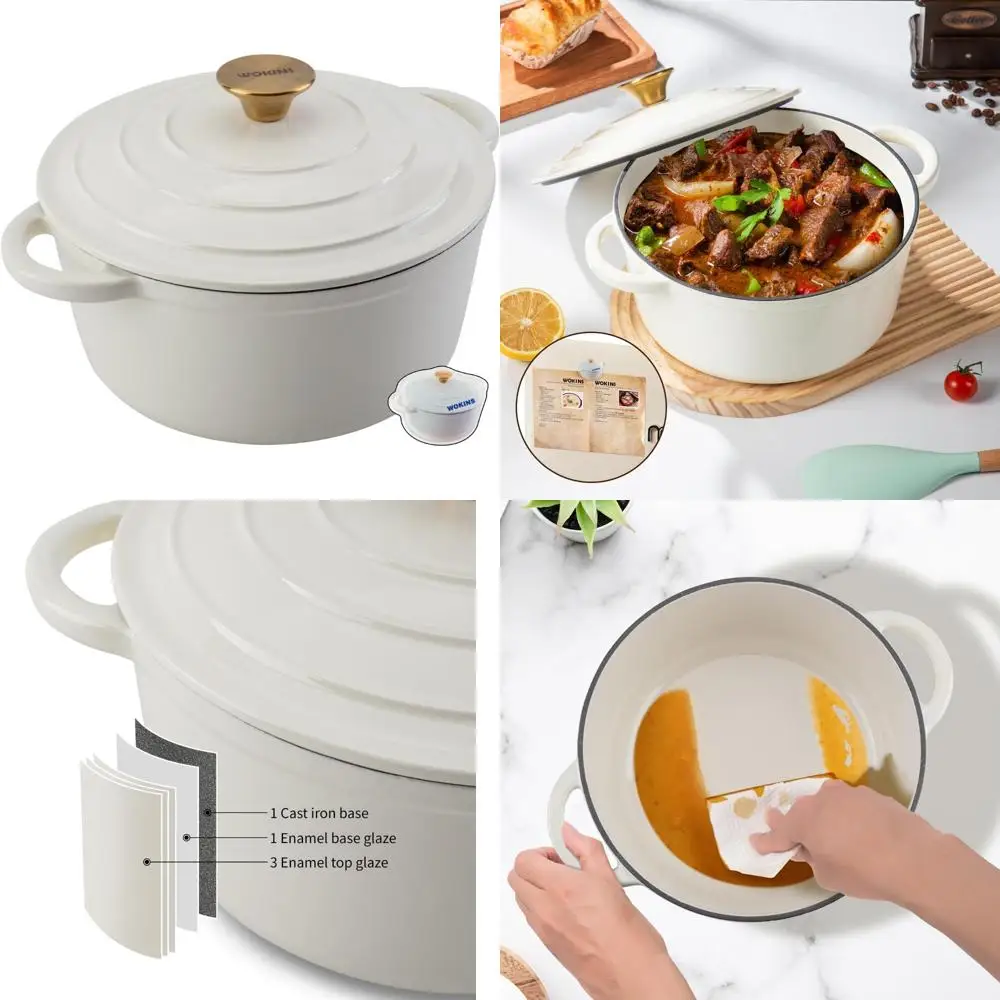 

Сверхмощная эмалированная чугунная голландская духовка, 4QT, кремово-белый, идеально подходит для выпечки хлеба, тушения, раковины и обжарки — универсальный Coo