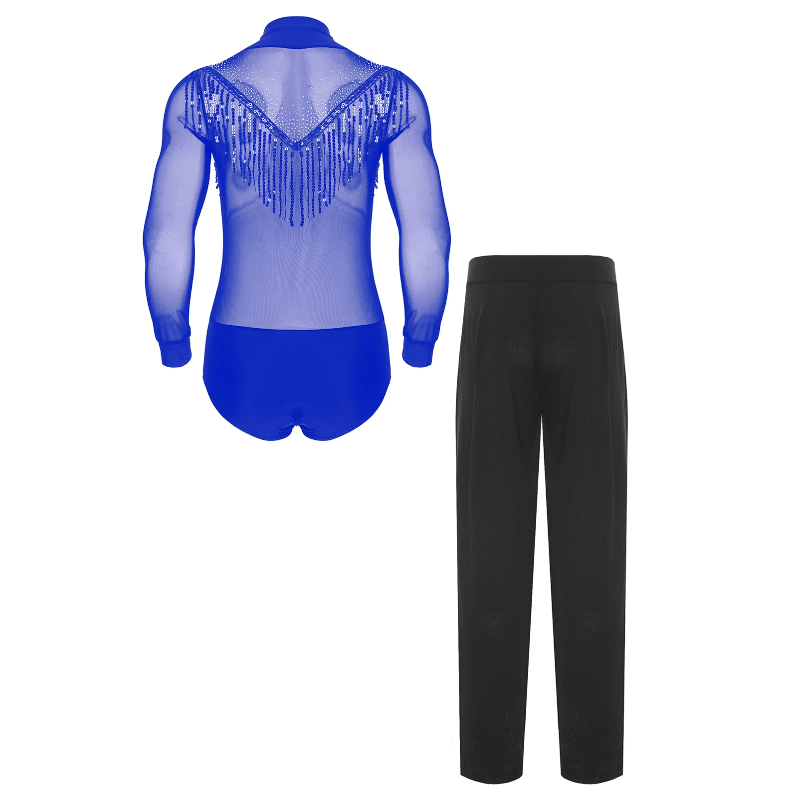 Uomo Tango Latin Cha-cha Abiti da ballo 2 pezzi Profondo scollo a V Manica lunga Paillettes Nappa Maglia Body Vita alta Pantaloni da ballo Set